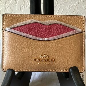 Coach: Tan Slim Credit Card Holder with Pink Lips- Wallet